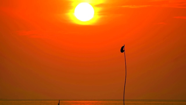 海面上的剪影，晚霞映在红色的天空上视频素材