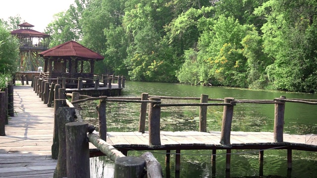 有木制建筑的夏季公园景观视频素材