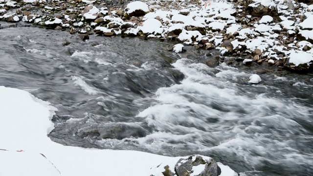 冬天，山涧在岩石间流动视频下载