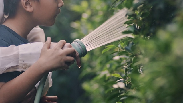 儿子，你必须照看好房子周围的植物。视频素材