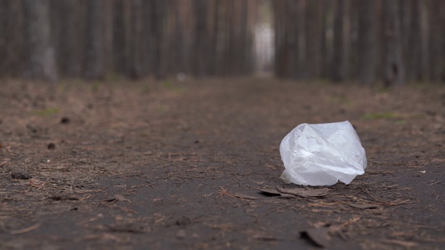 在森林里的地上有一个玻璃纸包。环境污染的概念视频素材