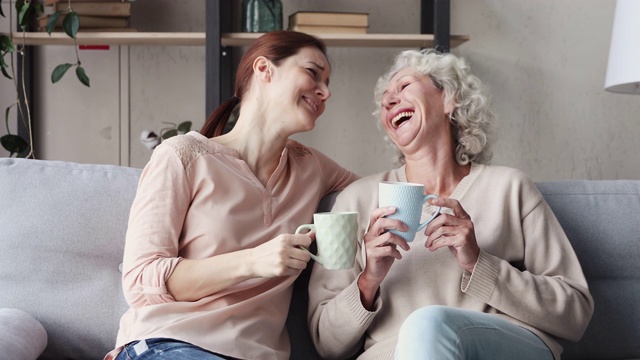 幸福的两代妇女一家人在家里聊天喝茶视频素材