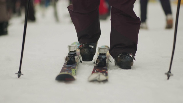 越野滑雪者把滑雪板放在雪地上，穿上，准备练习。股票视频视频素材