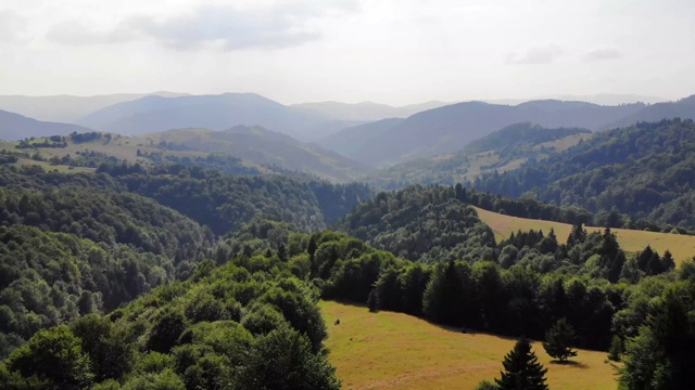 鸟瞰喀尔巴阡山脉与山谷和牧场视频素材