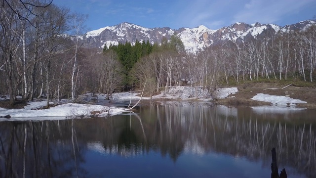 WS空中景观与湖和山在冬季，秋山前，新泻县，日本视频素材