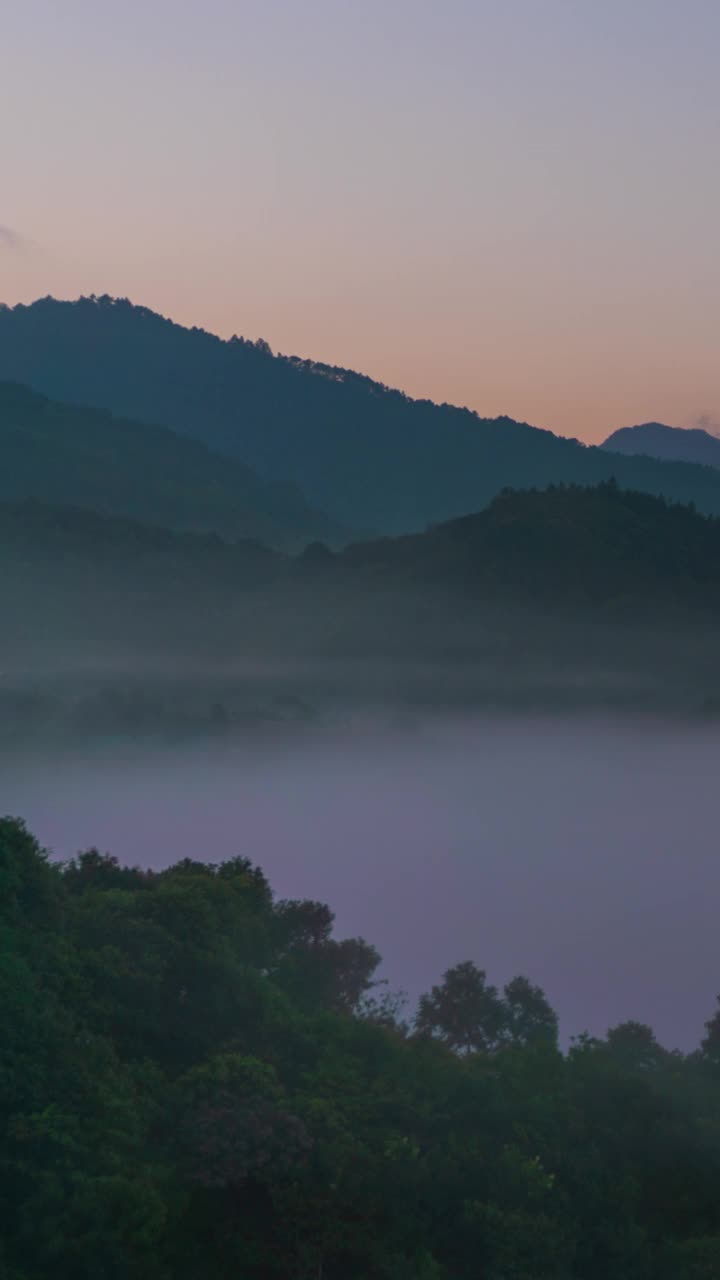 在日出时，垂直淘洗时间流逝的雾在山谷中流动视频素材