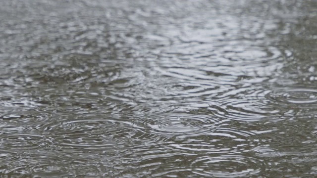 雨滴落入水坑并溅起水花的慢动作视频素材