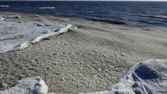 春天在海岸线上飞行，海浪上漂浮着冰块视频下载