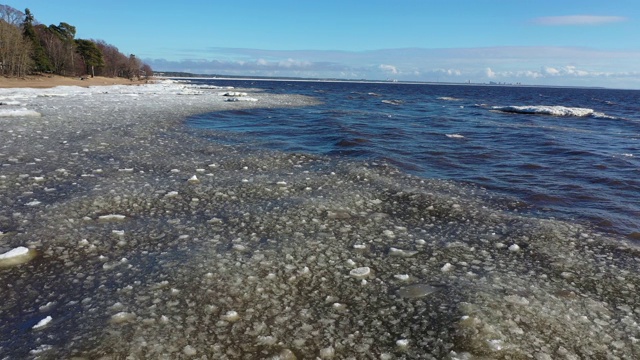 春天在海岸线上飞行，海浪上漂浮着冰块视频下载