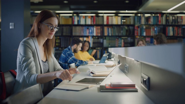 大学图书馆:聪明的白人女孩使用笔记本电脑，聪明的同学解释和建议她的课堂作业。快乐多元的学生一起为考试交谈，学习，学习视频素材