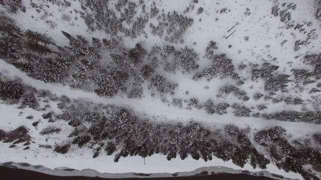 鸟瞰图常青树在积雪上冻结的河流，无人机在森林上空盘旋在冬天-杰克逊，怀俄明州视频素材