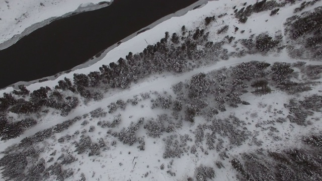 鸟瞰图冰冻的冰原上的河流与雪，无人机在森林上空盘旋在冬天-杰克逊，怀俄明州视频素材