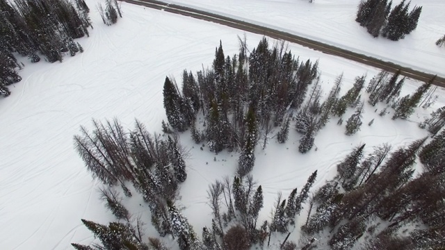 鸟瞰空旷的高速公路在雪中，倾斜的道路上的森林在冬天-杰克逊，怀俄明州视频素材