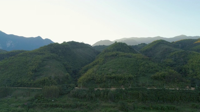 空中拍摄的河流在森林的绿树对天空，无人机飞向山脉-琅勃拉邦，老挝视频素材