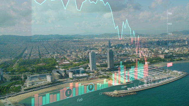 西班牙巴塞罗那危机概念。冠状病毒危机期间的真实股市图表。巴塞罗那海岸线鸟瞰图的背景视频素材