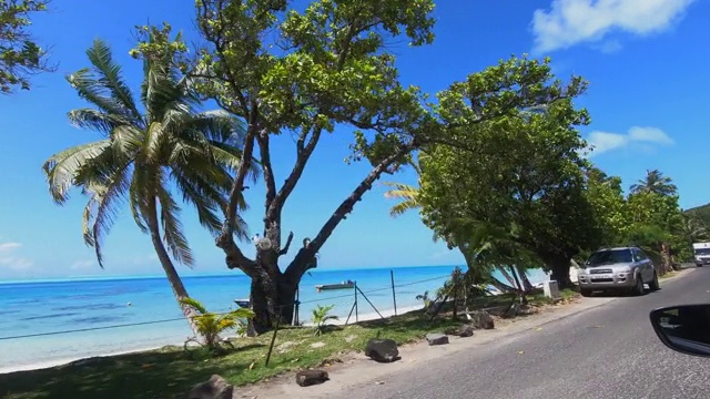 广角在沿热带海洋的公路上行驶，沿途经过博拉博拉的汽车和树木视频素材