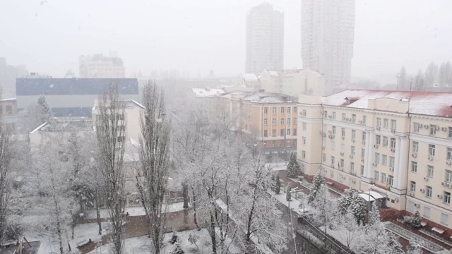 突如其来的降雪席卷了这座城市。白色的蓬松的雪覆盖了广场，街道和房子的城市景观。视频素材