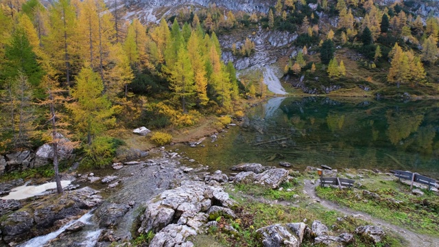 秋天高山溪流和塔彭卡湖，Kleinarl，奥地利视频素材