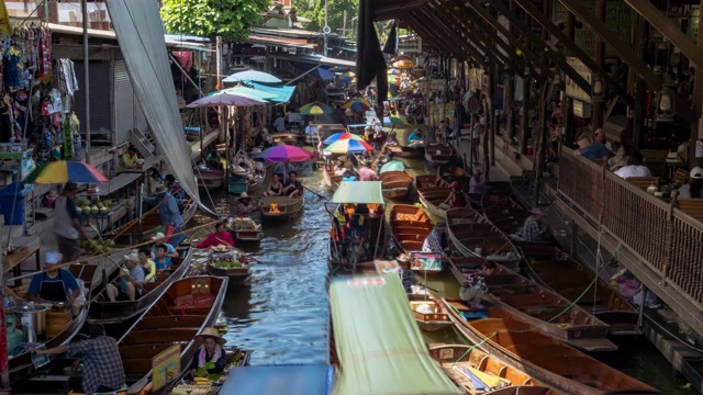 Damnoen Saduak，最著名的传统水上市场和文化旅游目的地，Ratchaburi，泰国-时光流逝视频素材