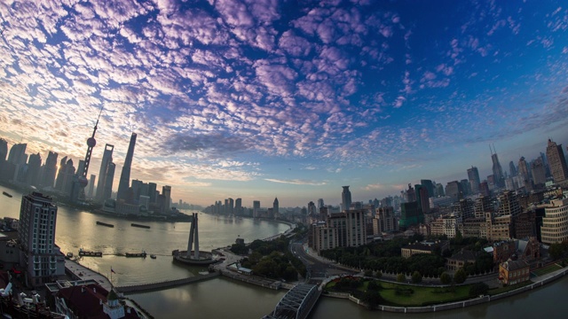 超宽视野的上海黄浦滨江与苏州河都市景观朝夕过渡视频素材