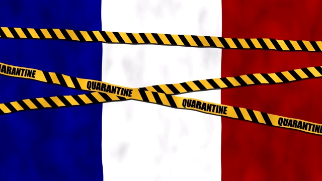 2019冠状病毒病在地球上。在法国检疫。法国国旗。黄色和黑色条纹带标志。大流行。病毒检疫。4 k的视频视频素材