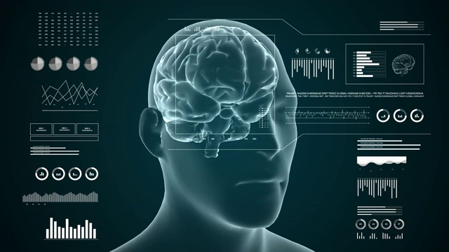 医用超高清抽象动画。实验室仪表板界面。以人脑为中心，研究计算机诊断显示。视频素材