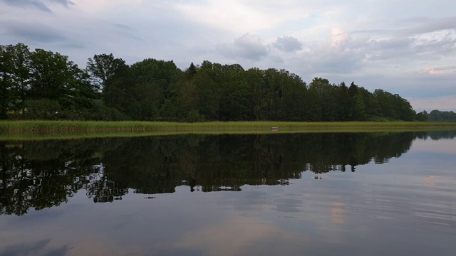 美丽的日落在平静的夏夜。湖岸与绿色的树木和植物反射在水晶干净镜面水面。天空乌云密布。缓慢的运动。视频素材