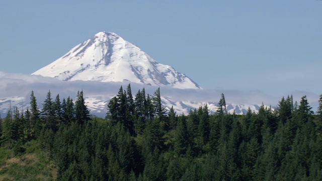 鸟瞰图的雪顶胡德山与森林覆盖的小山在前景。视频素材