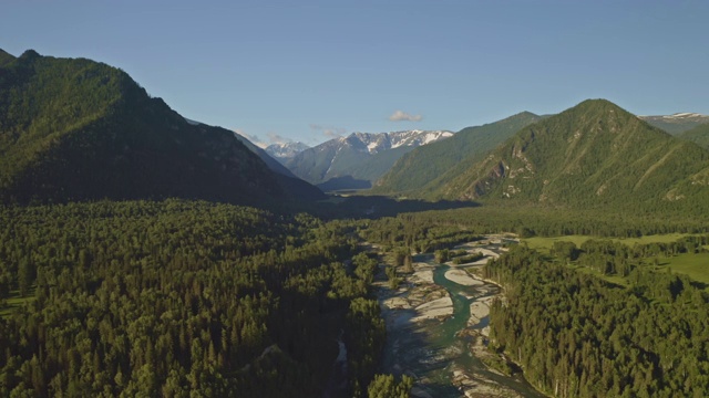 美丽的全景，翠绿的河谷上生长着茂密的针叶林视频素材