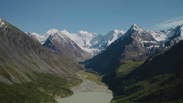 壮丽的鸟瞰图，雪山山峰高耸在乳绿色的湖面上视频素材