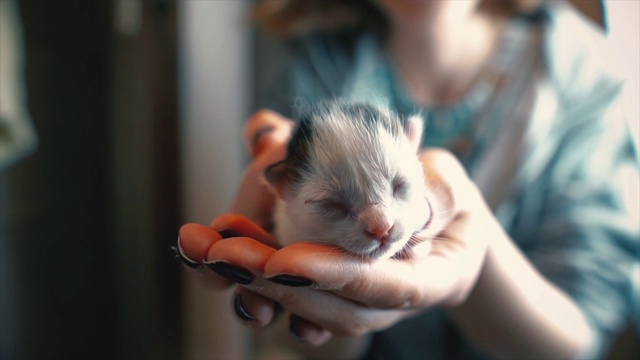 可爱的小猫在女人的手里。新生的小猫咪和人类的友谊，视频素材