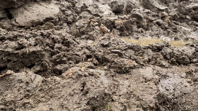 秋雨过后泥泞的道路上留下深深的车辙。视频素材