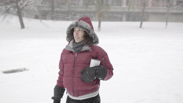 一个迷人的欧亚女人站在下雪的公园里视频素材