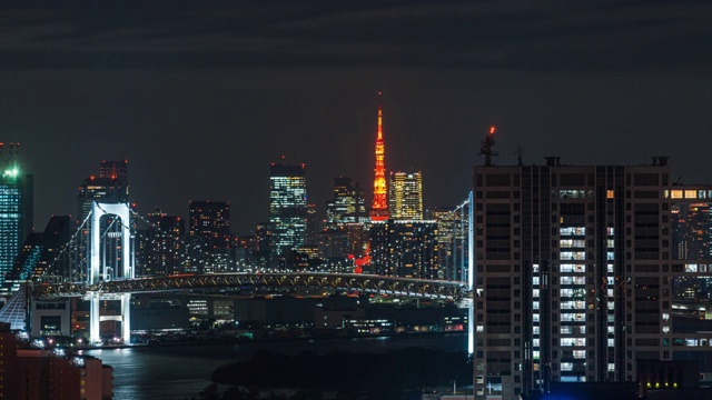 4K延时:在东京彩虹桥和日本东京塔上的城市夜间交通全景视频素材