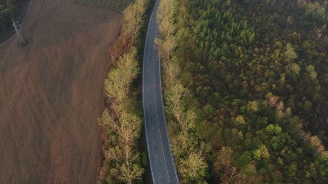 鸟瞰图与丰富多彩的秋天森林与道路和汽车视频素材