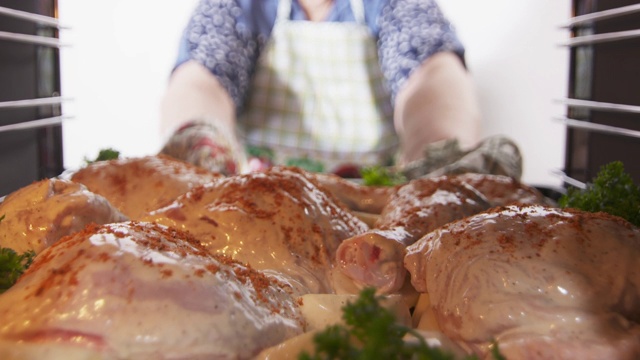 女子将生鸡肉放入对流炉内视频素材