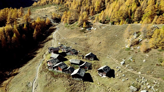 瑞士高山草地上一个小村庄的小木屋视频素材