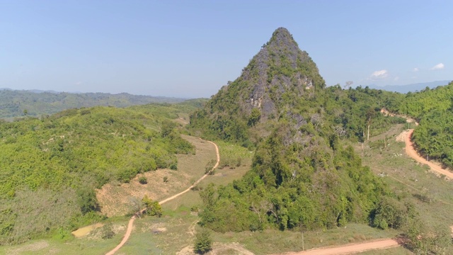 空中拍摄的道路中绿色的树木在森林中对蓝色的天空，无人机从山附近的河流向后飞行在晴朗的一天-琅勃拉邦，老挝视频素材