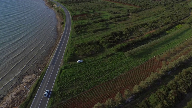 在靠近海边的道路上，一架无人驾驶飞机在绿色景观上空降落。克罗地亚心岛视频素材