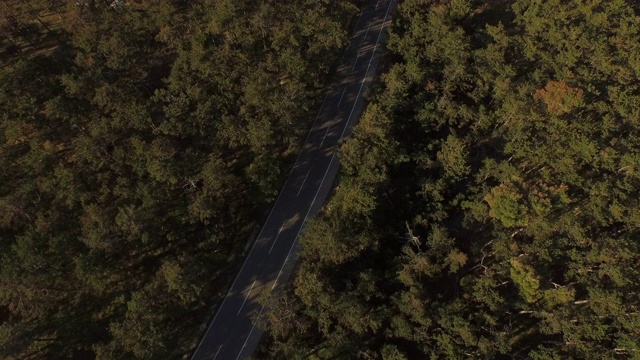 在一个阳光明媚的日子里，一辆汽车在绿树成荫的高速公路上，无人机在克罗地亚的拉扎纳克上空飞行视频素材