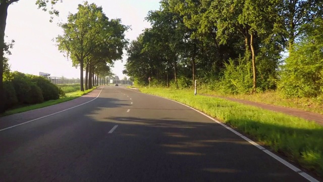 在阳光明媚的日子里，在城市的树木和天空中拍摄的道路-荷兰布雷达视频素材