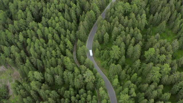 空中拍摄的车辆在绿树林中的高速公路上，无人机飞过森林的道路- Dolomites，意大利视频素材