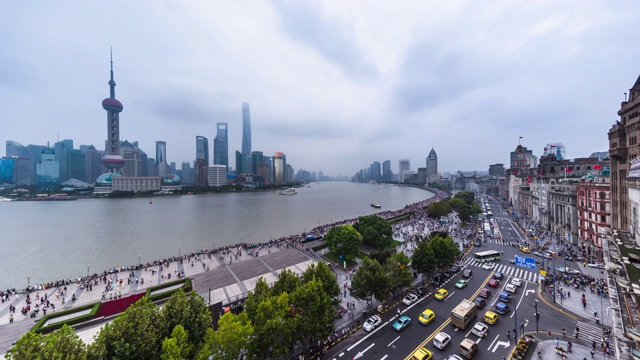 高处俯瞰上海外滩和城市白天的城市景观过渡视频素材