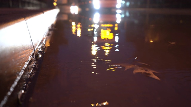 秋天多雨的夜晚城市街道上，交通灯映照在水坑里视频素材