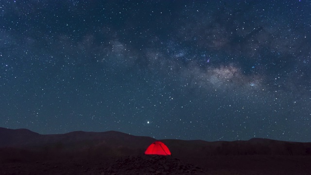 红色帐篷下的银河时间流逝南邦泰国，宇宙星系银河系时间流逝，黑暗的银河，银河视图，恒星线，时间流逝的夜空星星的天空背景。4 k决议。视频素材