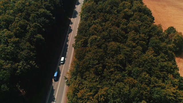 无人机飞过老森林道路与汽车移动，绿树茂密的树林两侧生长。视频素材