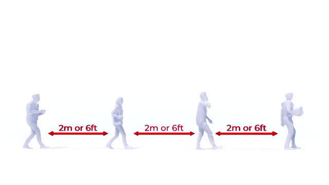 COVID-19 3D动画中，走路的人保持社交距离视频素材