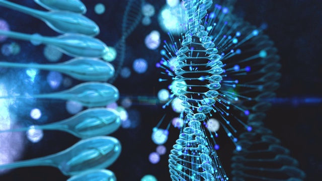 带有景深的DNA再生螺旋动画。用于视觉、生物学、生物技术、化学、科学、医学、化妆品、运动背景、医学仪表盘。3 d渲染。视频素材