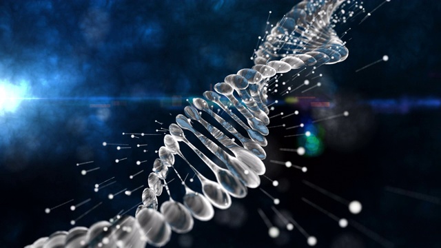 带有景深的DNA再生螺旋动画。用于视觉、生物学、生物技术、化学、科学、医学、化妆品、运动背景、医学仪表盘。3 d渲染。视频素材