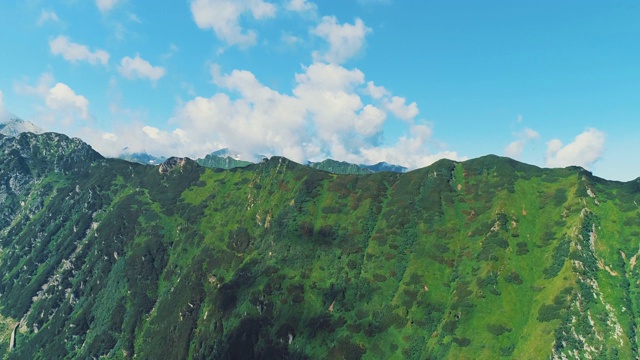 飞行在绿色的森林和山脉与清晰的云景背景在柔和的光。视频素材